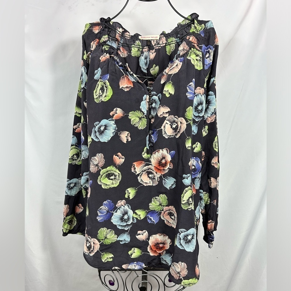 rebecca taylor 100% silk floral long sleeve blouse size 4